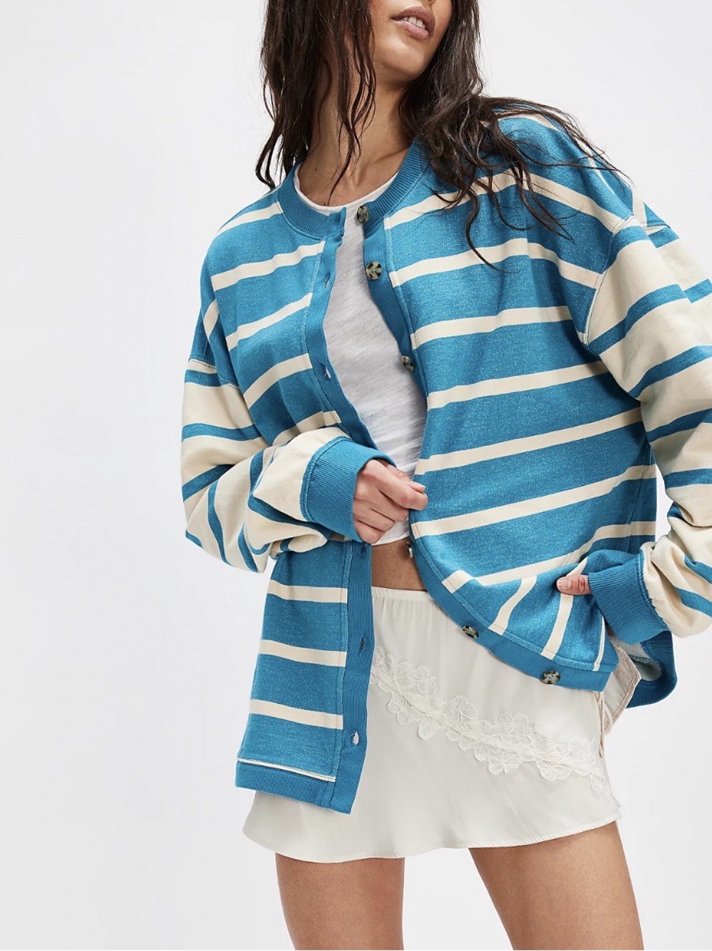 Women's Free People Classic Blue and Cream Striped Cardigan Oversized Size XS